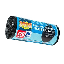 Мешки для мусора 120 л, с ушками, черные, в рулоне 30 шт., ПНД, 15 мкм, 1100х700 мм, Крепак, 4607075710375 в Кирове